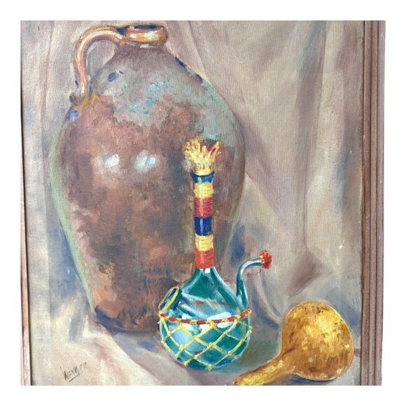 Signed Still Life Painting Rustic Pottery Jug Chianti Wine Bottle Artistic READ - Picture 2 of 10